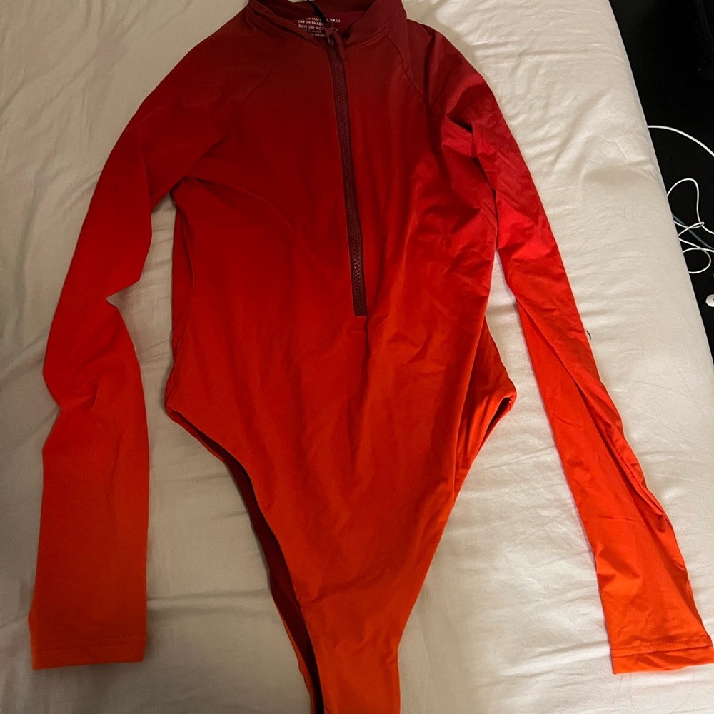 Cynthia Rowley Long-Sleeve Gradient One-Piece Swimsuit — Coral to Red - Picture 5 of 5
